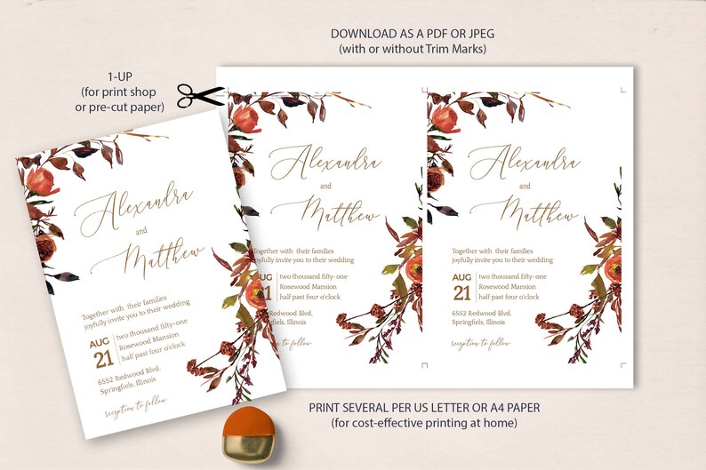May include: A wedding invitation with a fall theme. The invitation features a watercolor illustration of autumn leaves and flowers in shades of red, orange, and brown. The text "Alexandra and Matthew" is written in gold script font. The invitation includes the date, time, and location of the wedding.
