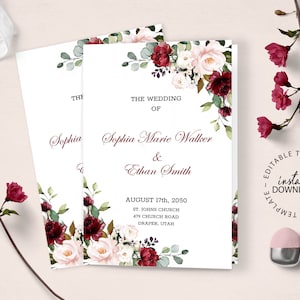 Editable Wedding Program Template, INSTANT DOWNLOAD, Burgundy Red and Blush Floral Programs, Catholic Church Ceremony Program, W94