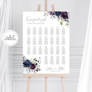 Large Wedding Seating Chart Template, Editable Wedding Seating Plan Poster, 36x48 Printable Guest List, Purple and Blue Floral Plan, W205