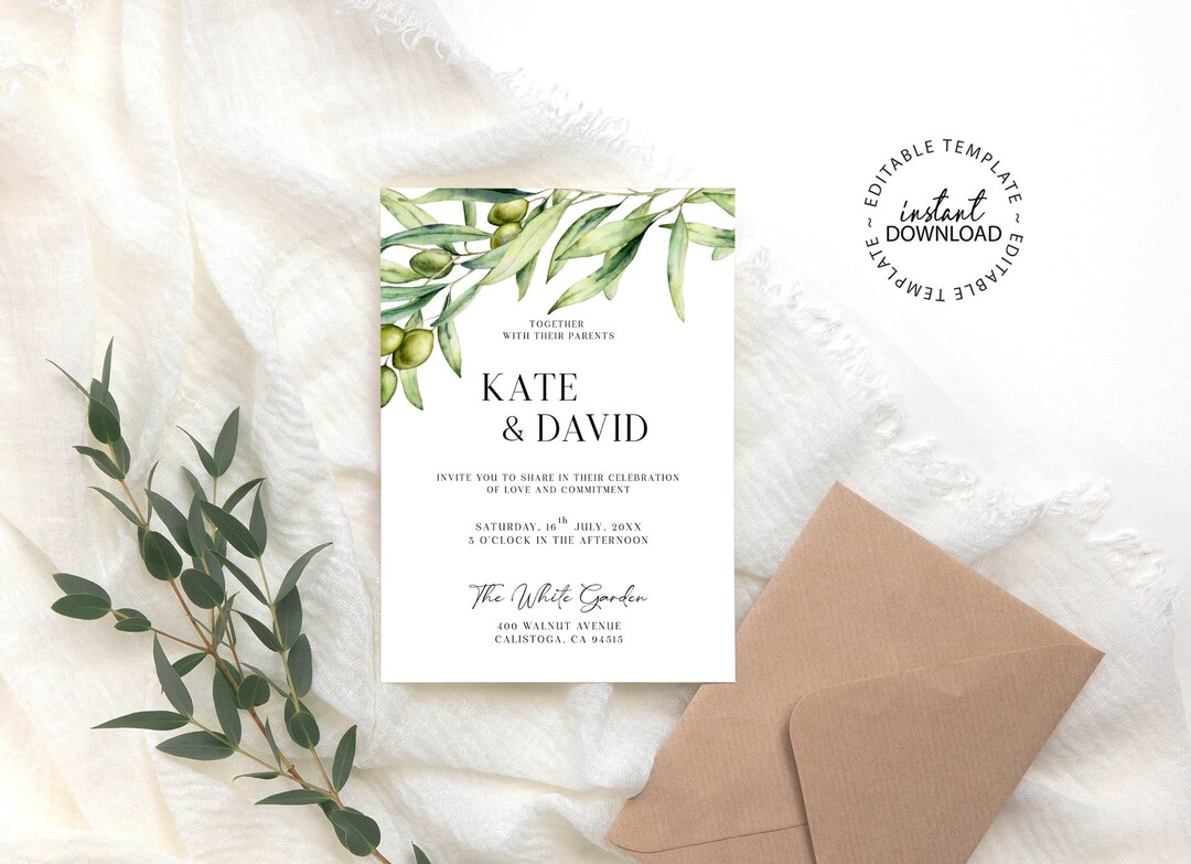Olives Wedding Invitation Template, INSTANT DOWNLOAD, Editable Olive ...