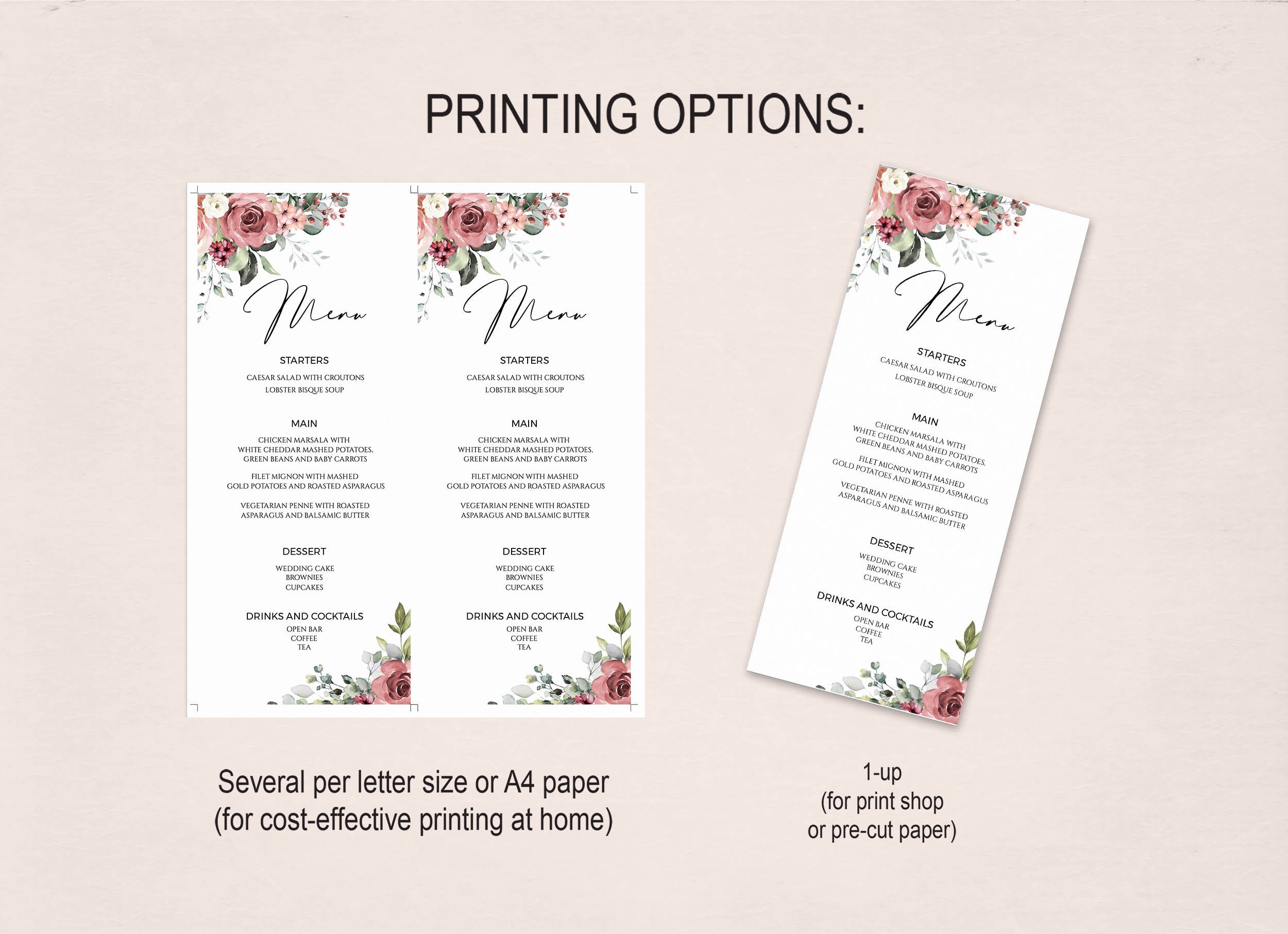 Flower Design For Menu Floral Editable Menu Template, INSTANT DOWNLOAD, Blush and Dusty Red ...