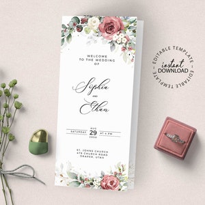 Puede incluir: Una invitación de boda con un diseño floral con rosas rosas y blancas, hojas verdes y flores blancas. El texto dice "Bienvenido a la boda de Sophia y Ethan, sábado 29 de agosto de 2020, a las 6 PM, Iglesia de San Juan, 479 Church Road, Draper, Utah".