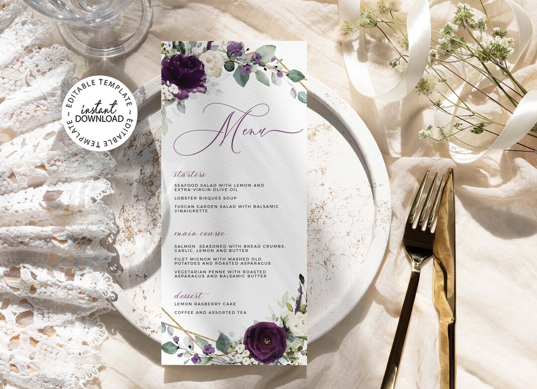Purple and White Floral Wedding Menu Template, Editable Table Menus ...