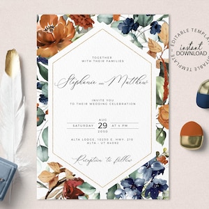 SIA - Blue and Burnt Orange Wedding Invitation Template, INSTANT DOWNLOAD, Editable Orange Floral Wedding Invite, Navy Flowers Invites, W208