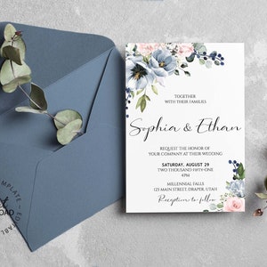 May include: A wedding invitation with a floral design in shades of blue and pink. The invitation reads "Together with their families, Sophia & Ethan, Request the honor of your company at their wedding, Saturday, August 29, Two Thousand Fifty-One, 4pm, Millennial Falls, 123 Main Street, Draper, Utah, Reception to follow."