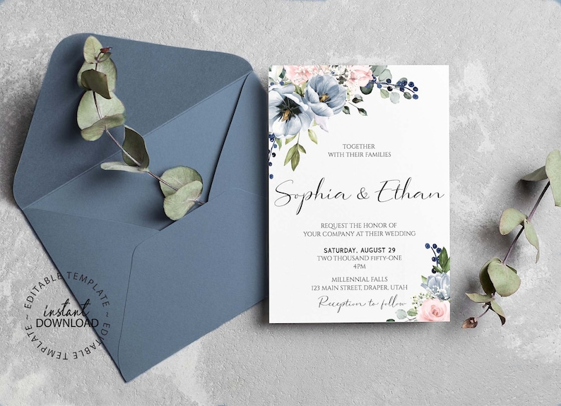 May include: A wedding invitation with a floral design in shades of blue and pink. The invitation reads "Together with their families, Sophia & Ethan, Request the honor of your company at their wedding, Saturday, August 29, Two Thousand Fifty-One, 4pm, Millennial Falls, 123 Main Street, Draper, Utah, Reception to follow."