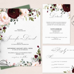 Burgundy and Pale Rose Wedding Invitation Suite, Editable Template, INSTANT DOWNLOAD, Wine Red Floral Invite, Rsvp and Details Card, W170