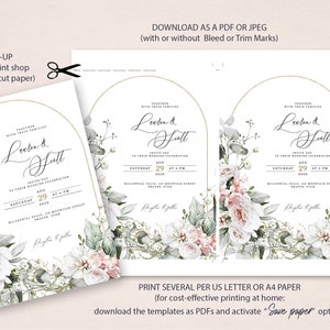 May include: Printable wedding invitation template with a floral arch design. The invitation features a gold arch with white and pink flowers, green leaves, and the text "Leiten & Salt" in a cursive font. The invitation also includes the date, time, and location of the wedding.