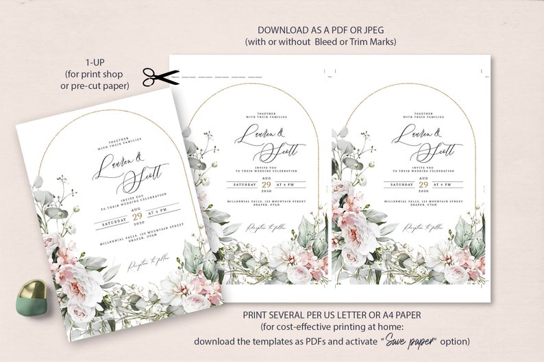 May include: Printable wedding invitation template with a floral arch design. The invitation features a gold arch with white and pink flowers, green leaves, and the text "Leiten & Salt" in a cursive font. The invitation also includes the date, time, and location of the wedding.