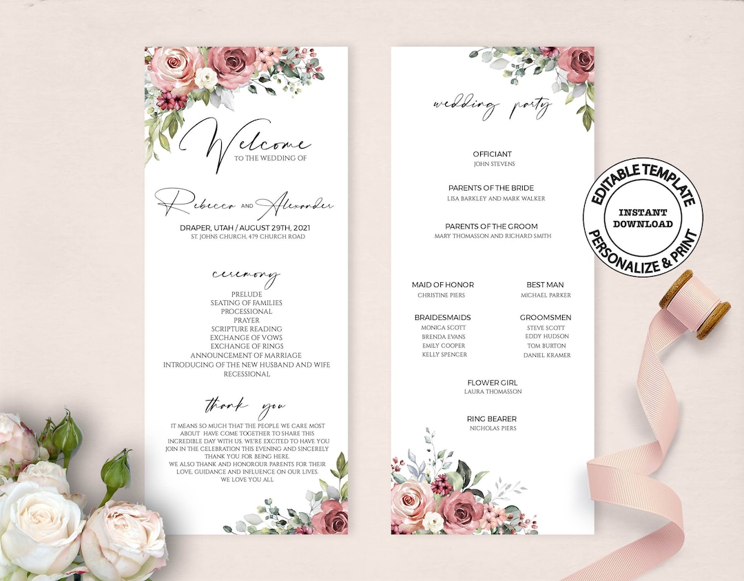 Editable Floral Wedding Program Template, INSTANT DOWNLOAD, Blush and ...