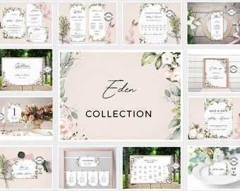 Blush Roses Wedding Template Collection, Boho Wedding Invite Suite, Pale Rose Wedding Invitation Set, Editable Invites Template Bundle, W48