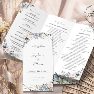 May include: Wedding ceremony program with a floral design featuring blue and pink flowers. The program includes the order of events, song lyrics for "How Great Is Our God" and "Bless The Lord", and the names of the bride and groom, Sophia and Ethan. The wedding is scheduled for August 29, 2020 at St. John's Church.