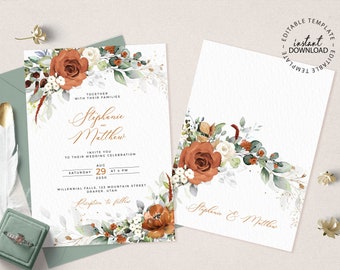 Burnt Orange Floral Wedding Invitation, INSTANT DOWNLOAD, Editable Terracotta Floral Wedding Invite, Printable or Digital, (Lyra W179)
