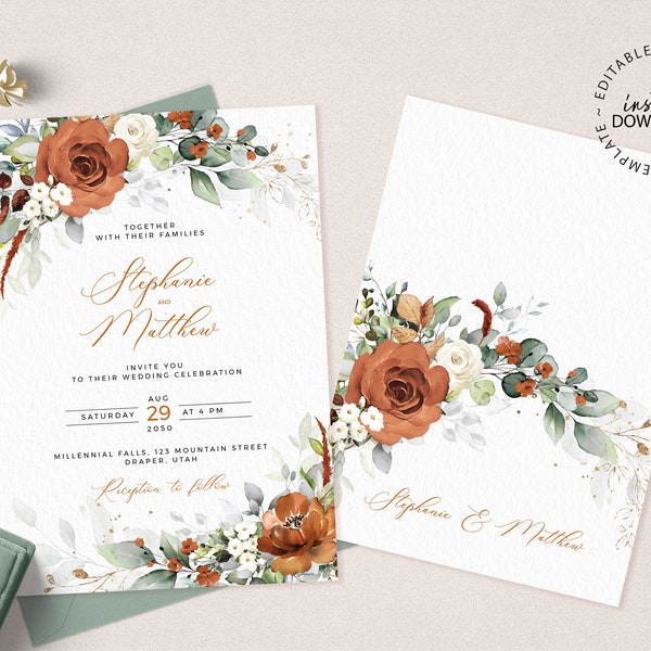 LYRA - Burnt Orange Floral Wedding Invitation, INSTANT DOWNLOAD, Editable Terracotta Floral Wedding Invite, Printable or Digital, W179