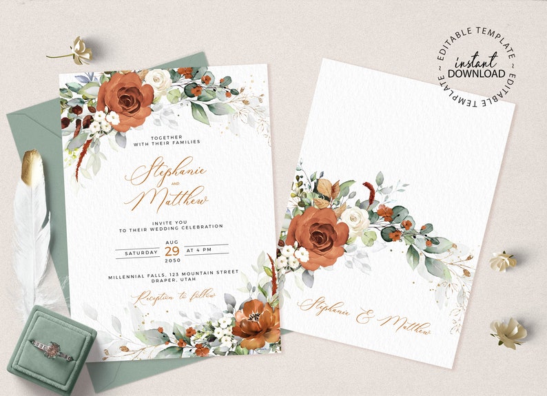 LYRA Editable Burnt Orange Wedding Invitation Template INSTANT DOWNLOAD Terracotta Floral Wedding Invite Orange Floral