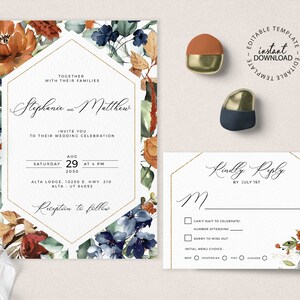 SIA - Blue and Burnt Orange Wedding Invitation and Rsvp Template, INSTANT DOWNLOAD, Editable Fall Floral Invite, Navy Flowers Invites, W208