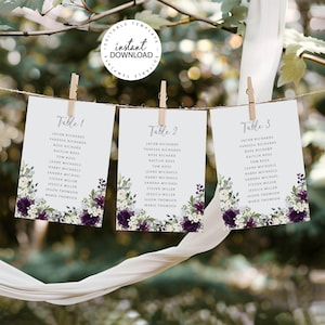 Purple Floral Wedding Seating Chart with Cards, Editable Template, INSTANT DOWNLOAD, Purple and White Floral Seating Plan, Printable, W21