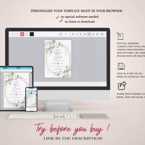 May include: A mockup of a computer screen and a tablet showing a wedding invitation template with a floral design and gold geometric frame. The text on the invitation reads "Save the Date". The image also includes text that says "Try before you buy! Link in the description".