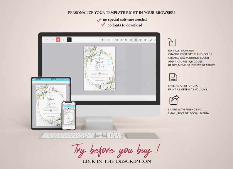 May include: A mockup of a computer screen and a tablet showing a wedding invitation template with a floral design and gold geometric frame. The text on the invitation reads "Save the Date". The image also includes text that says "Try before you buy! Link in the description".