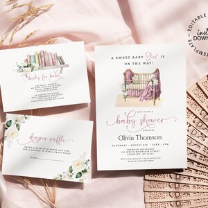 Girl Baby Shower Invitation Set, Editable Baby Girl Sprinkle Invite, Books for Baby Card, Diaper Raffle Card, INSTANT DOWNLOAD, W258