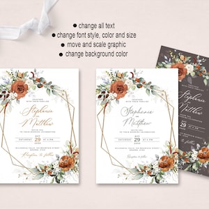 May include: Two wedding invitation cards with a gold geometric frame and floral design. The text reads "Stephanie and Matthew" with the date "August 29, 2020".