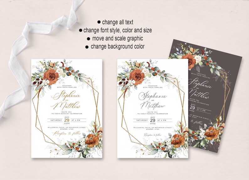 May include: Two wedding invitation cards with a gold geometric frame and floral design. The text reads "Stephanie and Matthew" with the date "August 29, 2020".