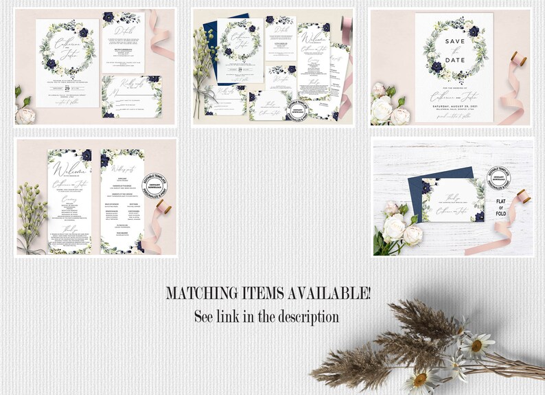 May include: A wedding invitation suite featuring a floral wreath design in shades of blue and green. The invitation includes a save the date card, a welcome card, a ceremony card, a reception card, and a details card. The cards are printed on white cardstock and feature a delicate floral pattern.