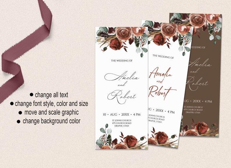 Editable Wedding Program Template, INSTANT DOWNLOAD, Fall Floral Catholic Folded Program, Burnt Orange and Rust Wedding Schedule , W151 bild 5