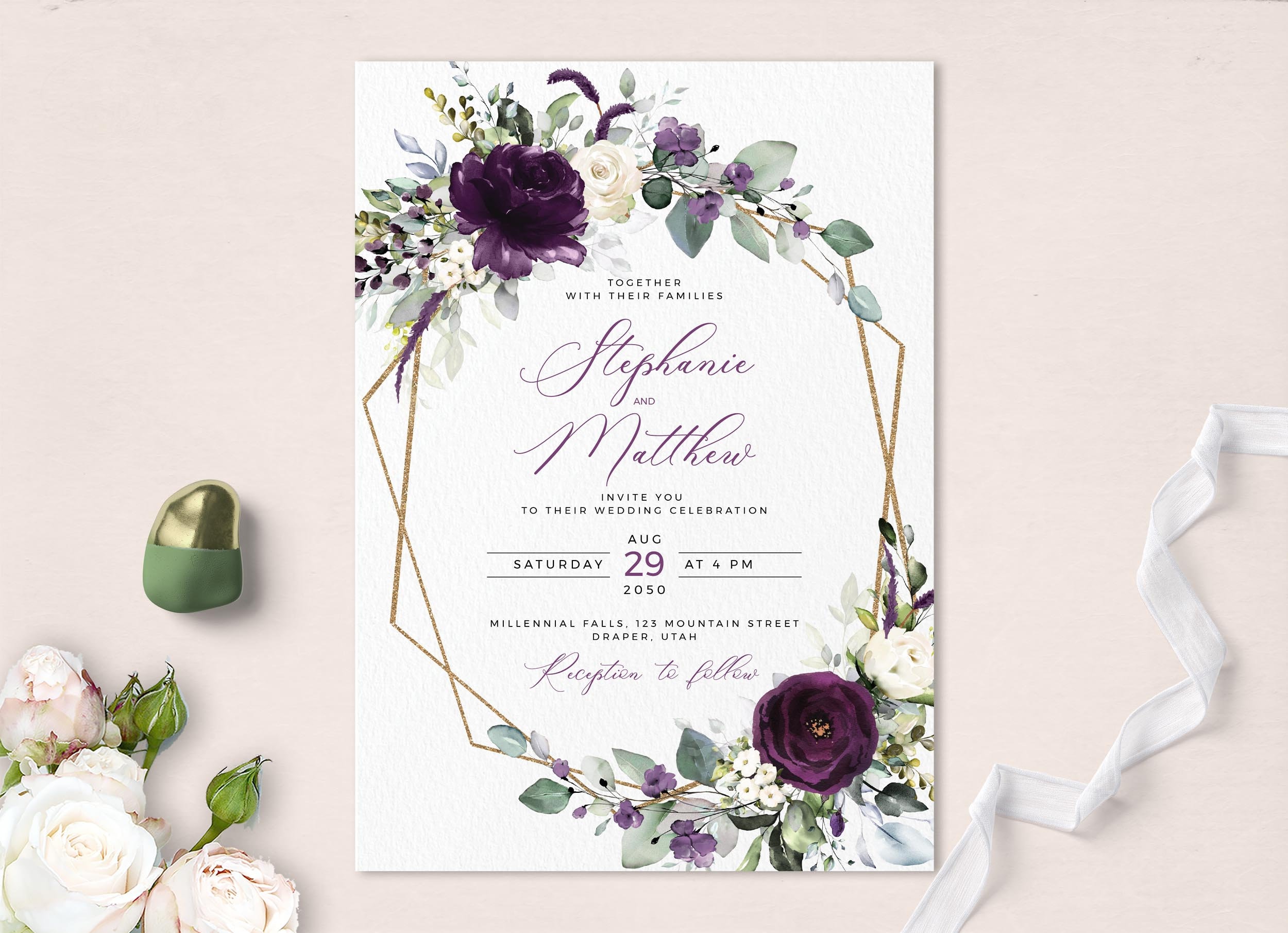 Editable Purple Wedding Invitation Template, INSTANT DOWNLOAD, Floral Plum  and White Wedding Invite, Printable Dark Violet Invites, W102 - Etsy, image size:2500x1811