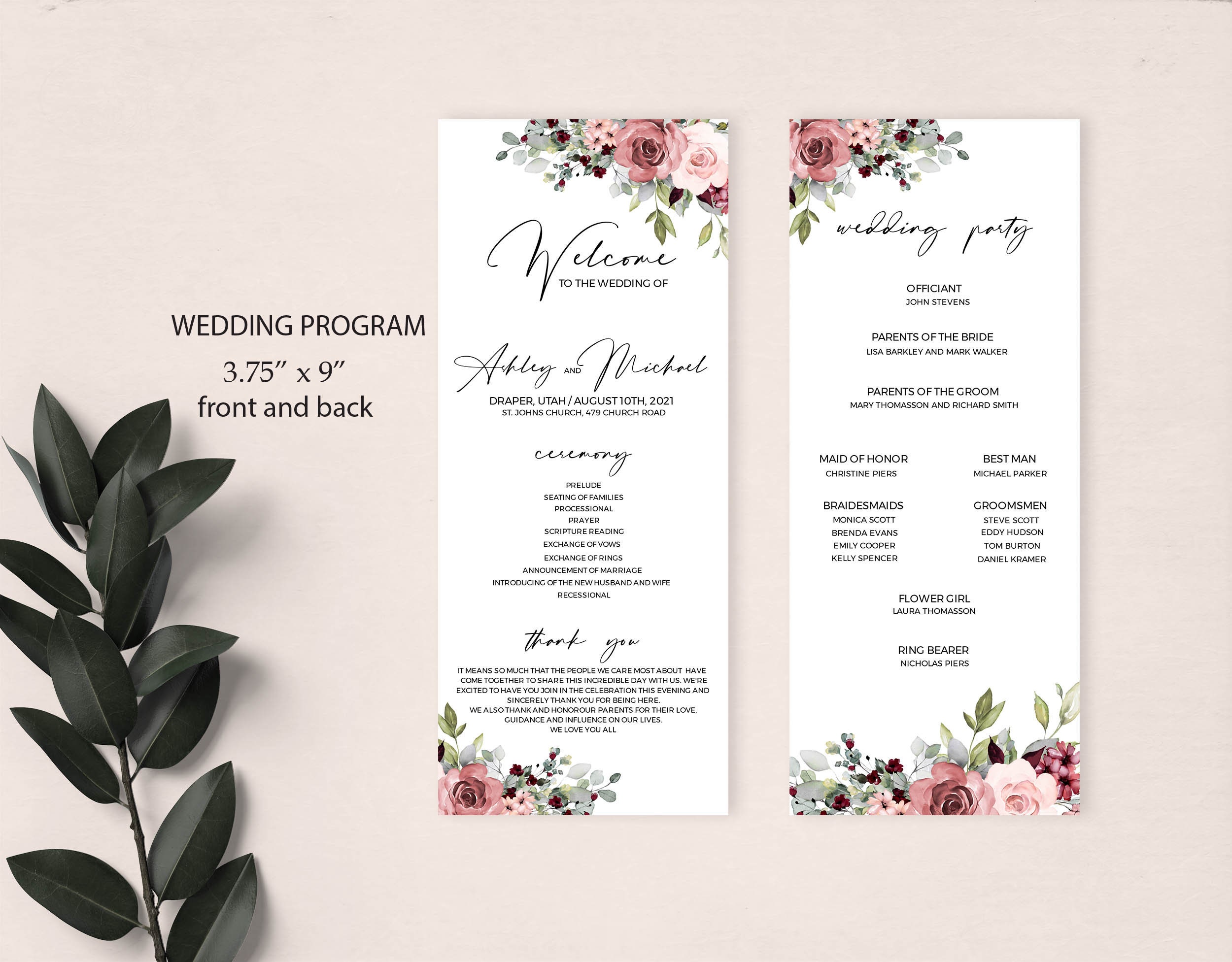 Event Program Flor Samples THEA - Editable Floral Wedding Program Template, INSTANT DOWNLOAD ...