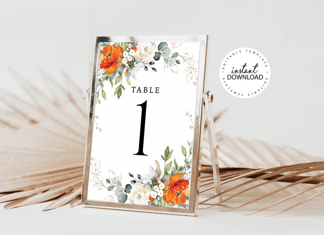 Editable Wedding Table Number Template, INSTANT DOWNLOAD, Orange and ...