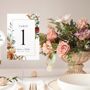 ELINA - Burnt Orange Floral Wedding Table Number Template, Editable Fall Table Numbers, Printable Wedding Number 5x7, W45