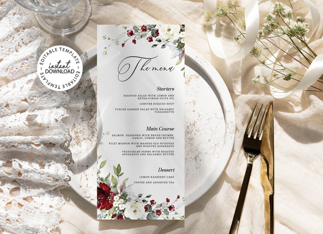 Red and White Floral Wedding Menu Template, INSTANT DOWNLOAD, Editable