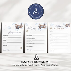 Prédictions de bébé imprimables et conseils pour les parents Cartes de jeu pour baby shower garçon, carte de jeu avion cher bébé, 5 x 7, TÉLÉCHARGEMENT IMMÉDIAT, W282