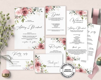 May include: A collection of wedding stationery featuring floral designs and elegant typography. The set includes invitations, details cards, welcome signs, reception cards, thank you notes, and reply cards. The design incorporates blush pink roses and greenery.