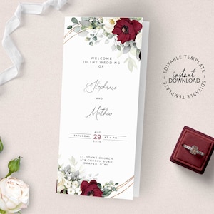 Red and White Editable Wedding Program Template, INSTANT DOWNLOAD, Floral Wedding Trifold Program, Catholic Church Ceremony Schedule, W29
