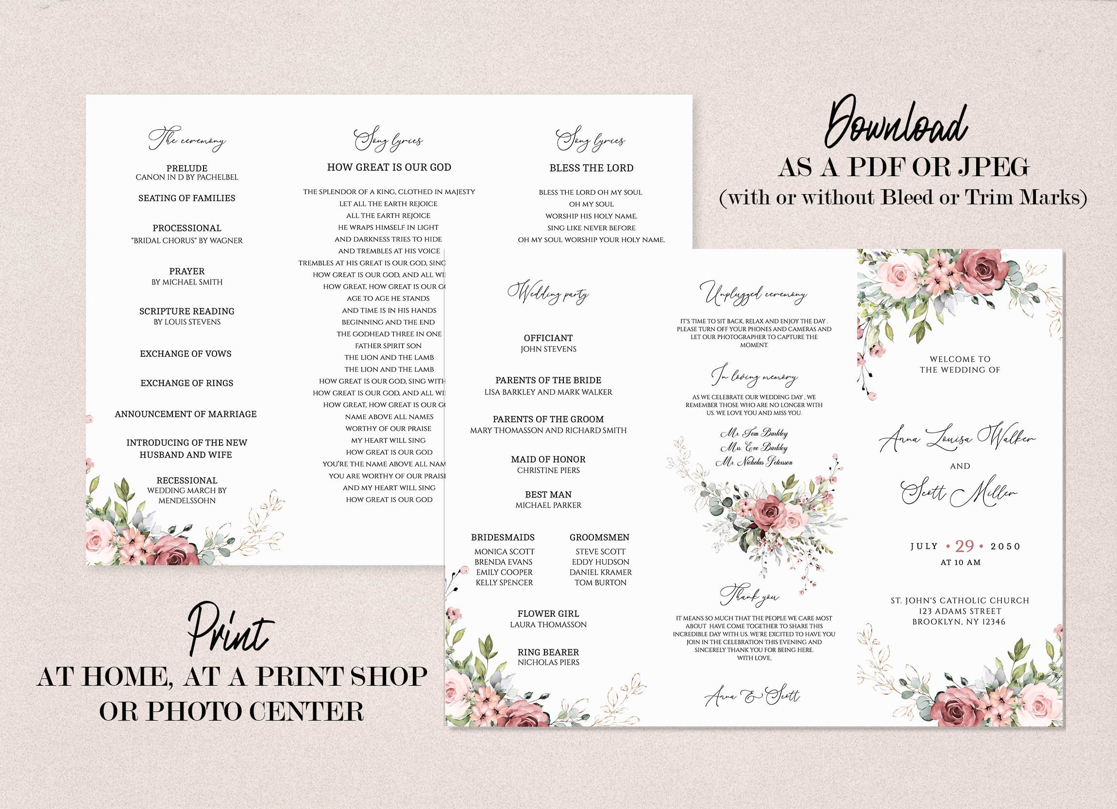 Sample Folded Programs THEA GOLD - Editable Trifold Wedding Program Template, Blush Pink ...