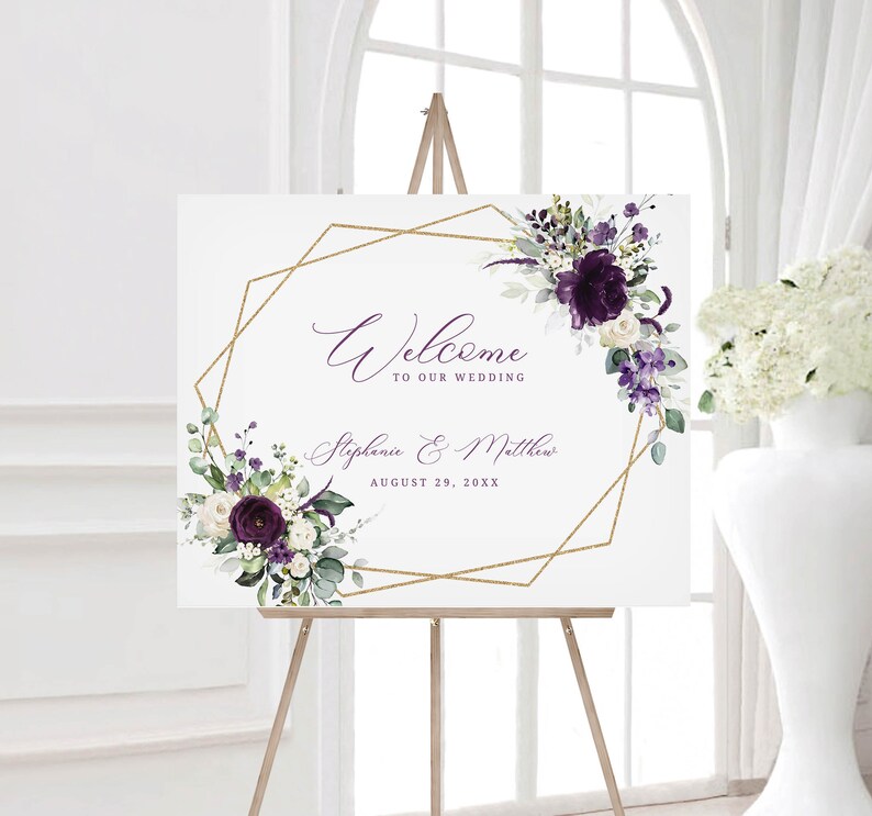 Purple and Gold Wedding Welcome Sign Template INSTANT - Etsy