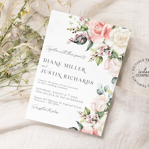 Pink and Cream White Floral Wedding Invitation Template, Editable, INSTANT DOWNLOAD, Blush and White Wedding Invite, W31