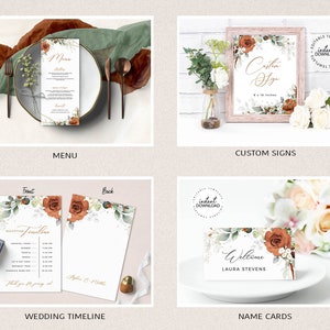 May include: Set of printable wedding stationery templates featuring a watercolor floral design with rust orange and green accents. Includes a menu, wedding timeline, custom signs, and name cards.