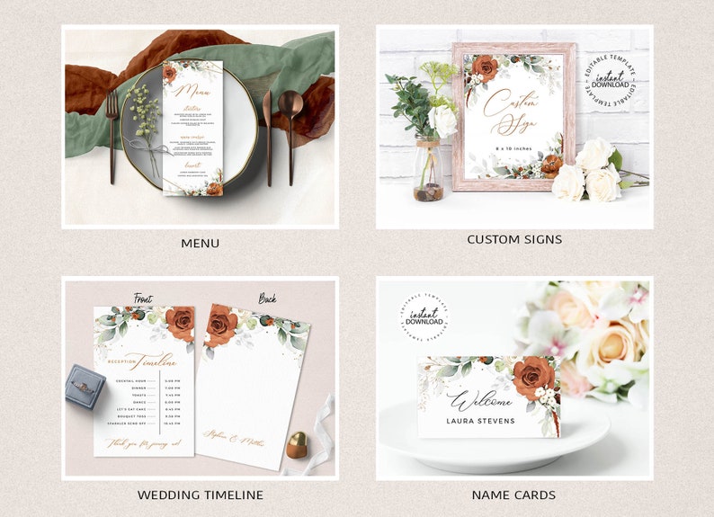 May include: Set of printable wedding stationery templates featuring a watercolor floral design with rust orange and green accents. Includes a menu, wedding timeline, custom signs, and name cards.