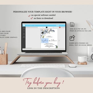 May include: A laptop computer displaying a wedding invitation template with a blue and white floral design. The text on the invitation reads "Sophia & Ethan". The text on the laptop screen says "Personalize your template right in your browser! No special software needed. No fonts to download." The text below the laptop says "Try before you buy! Link in the description."
