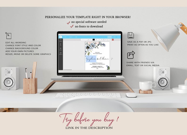 May include: A laptop computer displaying a wedding invitation template with a blue and white floral design. The text on the invitation reads "Sophia & Ethan". The text on the laptop screen says "Personalize your template right in your browser! No special software needed. No fonts to download." The text below the laptop says "Try before you buy! Link in the description."