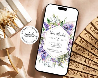 Mauve paarse bloemen digitale Save the Date-sjabloon, bewerkbare smartphone elektronische Save the Date, INSTANT DOWNLOAD, W05