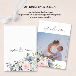 May include: Two wedding invitation cards with a floral design. The cards are white with blue and pink flowers. The text on the cards reads "Sophia & Ethan".