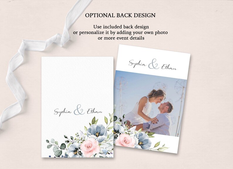 May include: Two wedding invitation cards with a floral design. The cards are white with blue and pink flowers. The text on the cards reads "Sophia & Ethan".