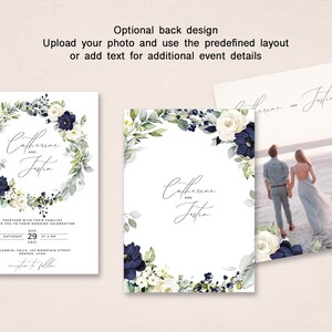 May include: Wedding invitation featuring a watercolour wreath of eucalyptus leaves, white and blue flowers, and the names Catherine and Justin. The invitation includes the date, time, and location of the wedding.