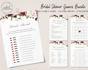 Editable Bridal Shower Games, Red and Pink Wedding Shower Games Bundle, Instant Download, Printable, Rose Floral Bridal Party Games, W94