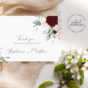 Editable Thank You Card Template, INSTANT DOWNLOAD, Dark Red and Soft Pink Floral Thank You Cards, Printable, W168