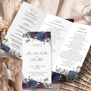 May include: Wedding ceremony program with a floral design featuring purple and blue flowers. The program includes the order of the ceremony, the names of the bride and groom, Anna Louise Walker and Scott Miller, and the date and time of the wedding, July 29, 2050 at 10:00 AM. The ceremony will be held at St. John's Catholic Church, 123 Adams Street, Brooklyn, NY 12346.